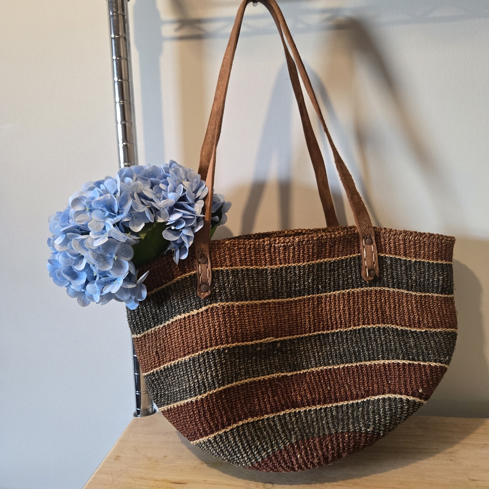 Striped Brown and Black Woven Tote Bag
